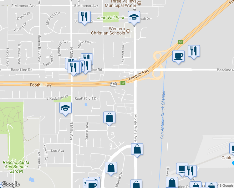 map of restaurants, bars, coffee shops, grocery stores, and more near 728 Danvile Drive in Claremont