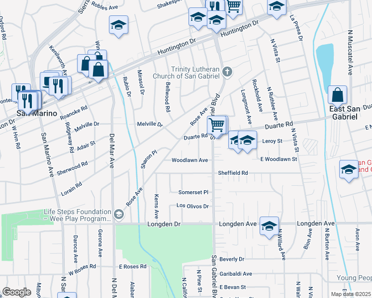map of restaurants, bars, coffee shops, grocery stores, and more near 1752 Russet Ln in San Marino