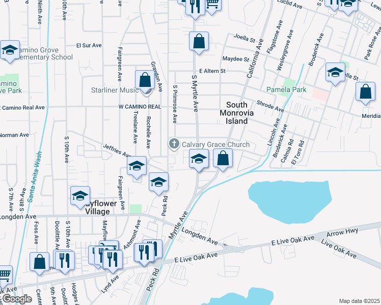 map of restaurants, bars, coffee shops, grocery stores, and more near 2506 Ansley Avenue in Monrovia