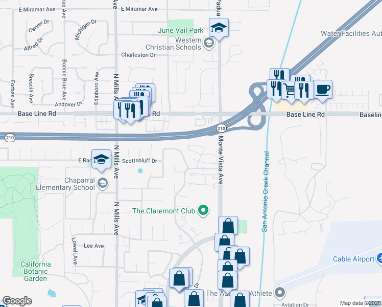 map of restaurants, bars, coffee shops, grocery stores, and more near 728 Danvile Drive in Claremont