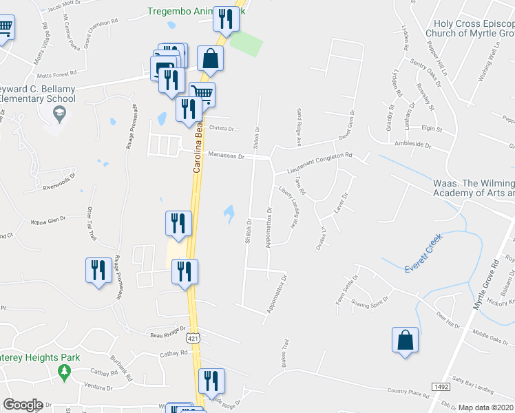map of restaurants, bars, coffee shops, grocery stores, and more near 6041 Shiloh Drive in Wilmington