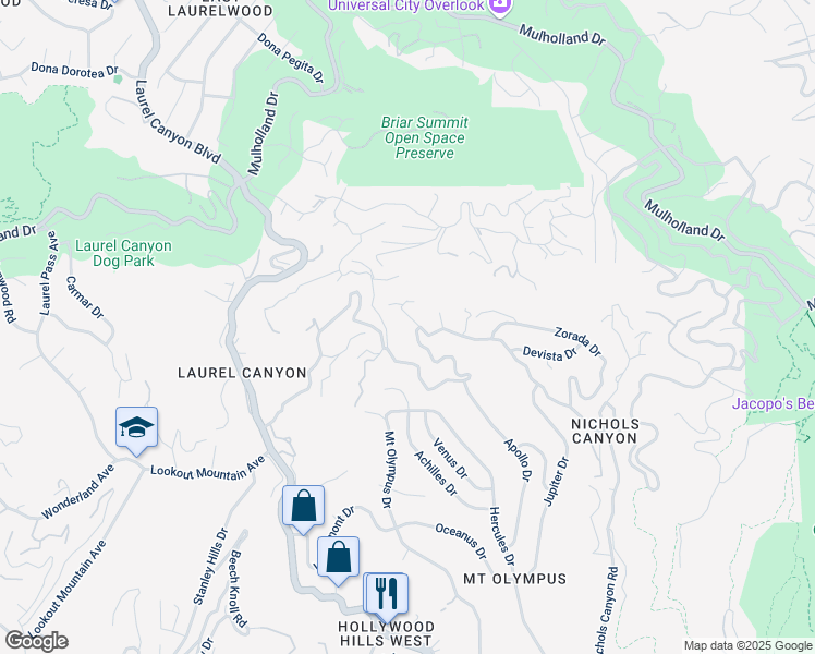 map of restaurants, bars, coffee shops, grocery stores, and more near 7681 Willow Glen Road in Los Angeles