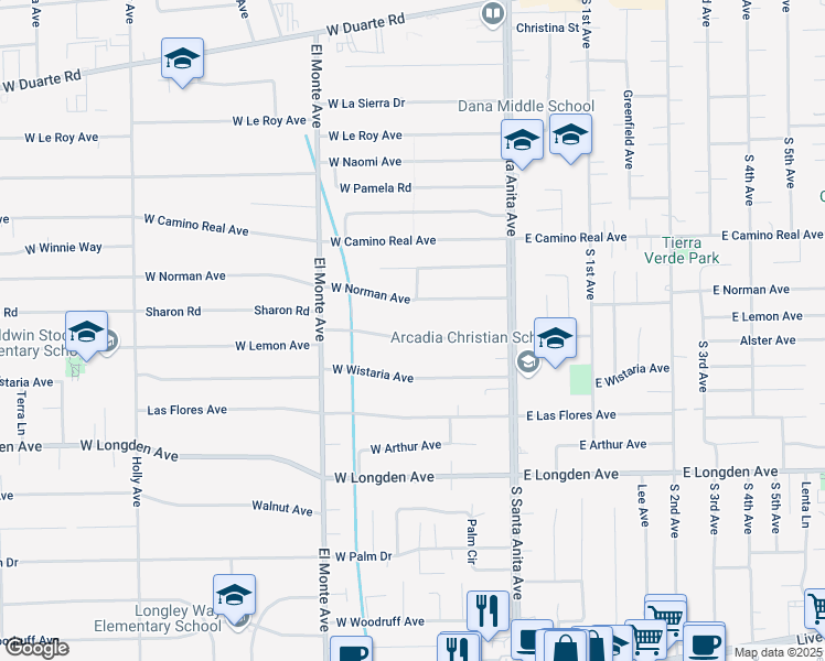 map of restaurants, bars, coffee shops, grocery stores, and more near 105 West Lemon Avenue in Arcadia