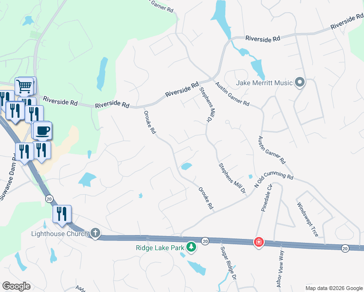map of restaurants, bars, coffee shops, grocery stores, and more near 885 Millrace Way in Buford