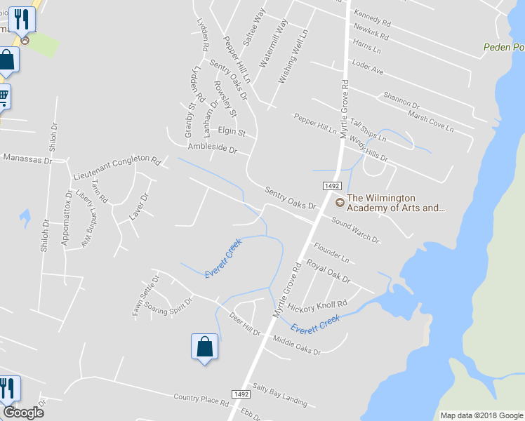 map of restaurants, bars, coffee shops, grocery stores, and more near 1132 Lieutenant Congleton Road in Wilmington