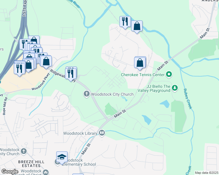 map of restaurants, bars, coffee shops, grocery stores, and more near 800 Mackay Creek in Woodstock