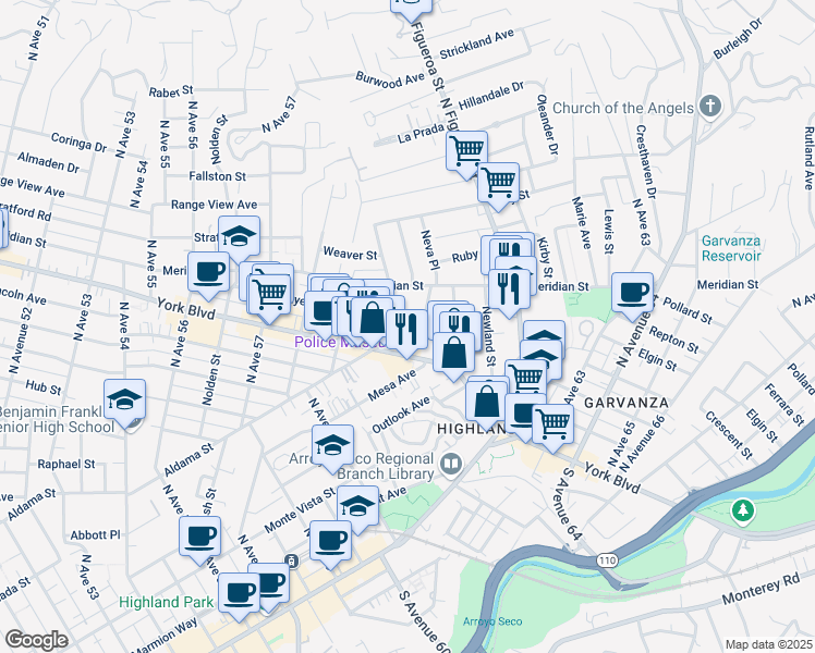 map of restaurants, bars, coffee shops, grocery stores, and more near 6024 Fayette Street in Los Angeles