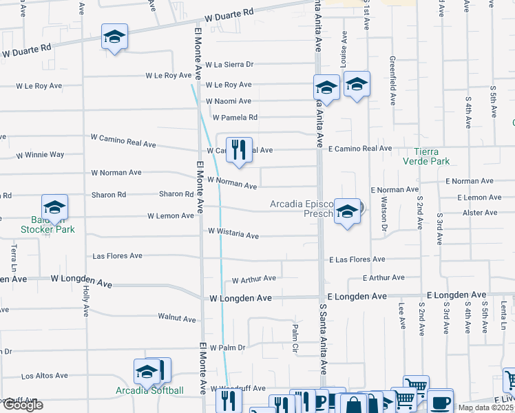 map of restaurants, bars, coffee shops, grocery stores, and more near 105 West Lemon Avenue in Arcadia