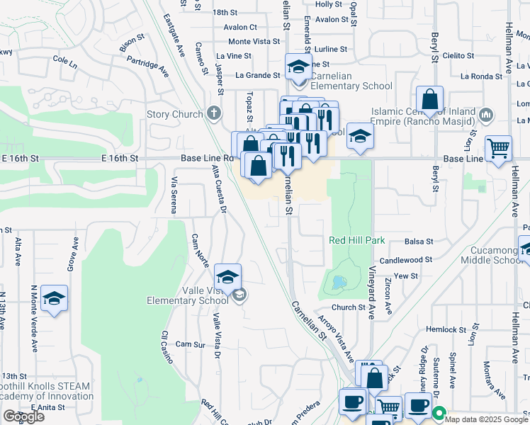 map of restaurants, bars, coffee shops, grocery stores, and more near 7454 Napa Court in Rancho Cucamonga