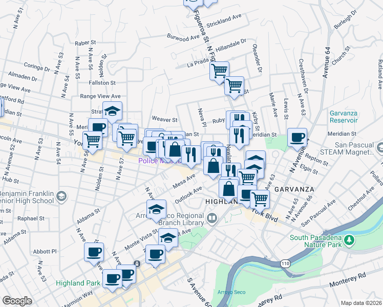 map of restaurants, bars, coffee shops, grocery stores, and more near 6024 Fayette Street in Los Angeles