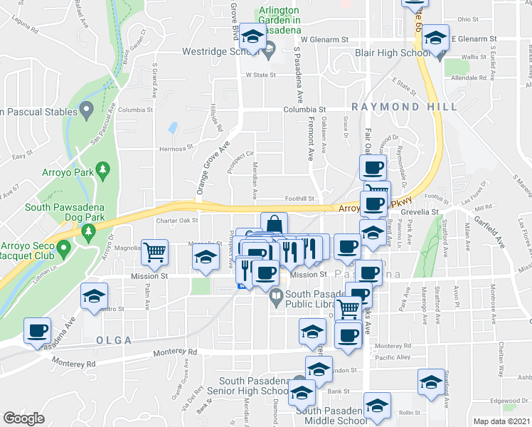 map of restaurants, bars, coffee shops, grocery stores, and more near 1013 Grevelia Street in South Pasadena