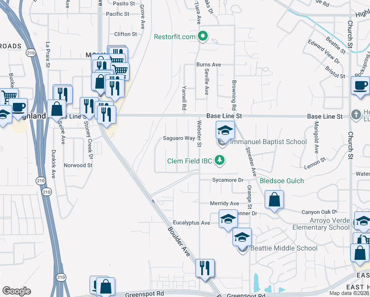 map of restaurants, bars, coffee shops, grocery stores, and more near 7424 Yellow Jasmine Drive in Highland
