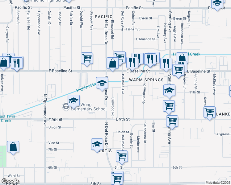 map of restaurants, bars, coffee shops, grocery stores, and more near 7441 Elmwood Road in San Bernardino