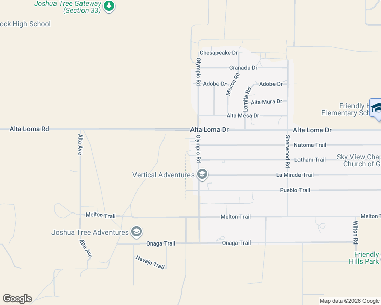 map of restaurants, bars, coffee shops, grocery stores, and more near 7374 Olympic Road in Joshua Tree