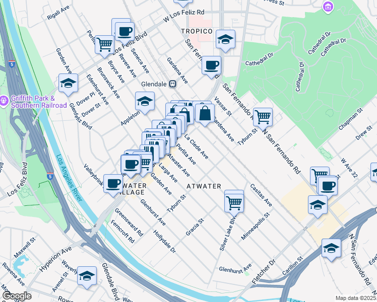map of restaurants, bars, coffee shops, grocery stores, and more near 3458 La Clede Avenue in Los Angeles
