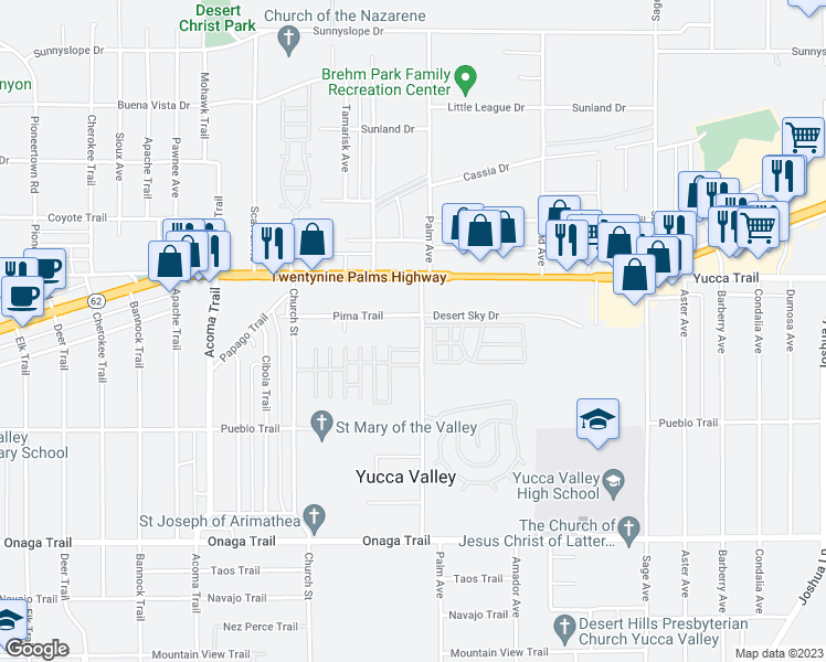 map of restaurants, bars, coffee shops, grocery stores, and more near 7344 Palm Avenue in Yucca Valley