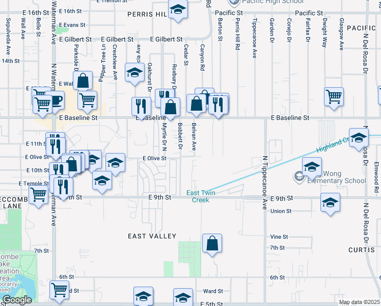 map of restaurants, bars, coffee shops, grocery stores, and more near 1064 Belvan Avenue in San Bernardino