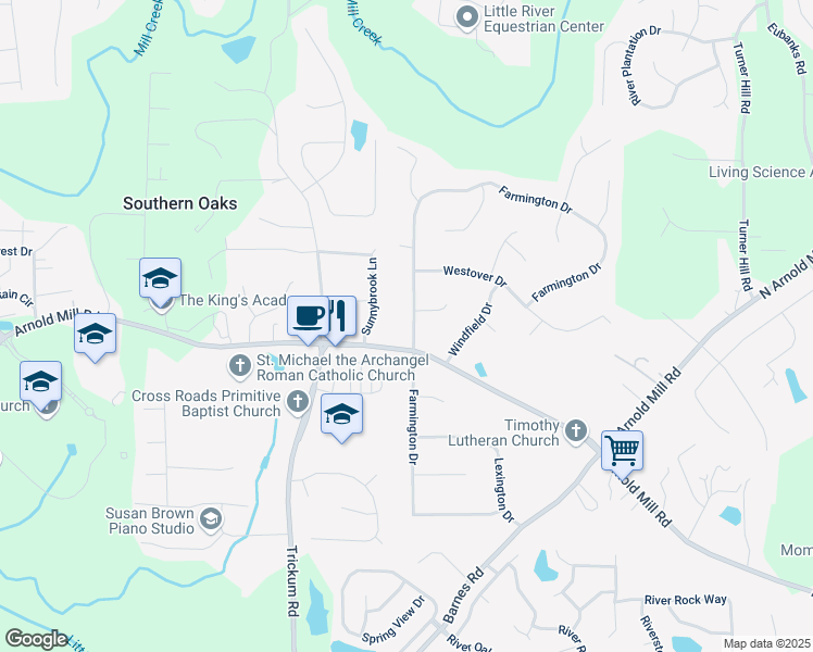 map of restaurants, bars, coffee shops, grocery stores, and more near 105 Farmington Drive in Woodstock