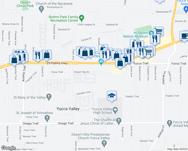 map of restaurants, bars, coffee shops, grocery stores, and more near 56661 Desert Vista Circle in Yucca Valley