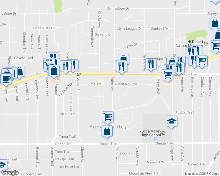 map of restaurants, bars, coffee shops, grocery stores, and more near 7344 Palm Avenue in Yucca Valley