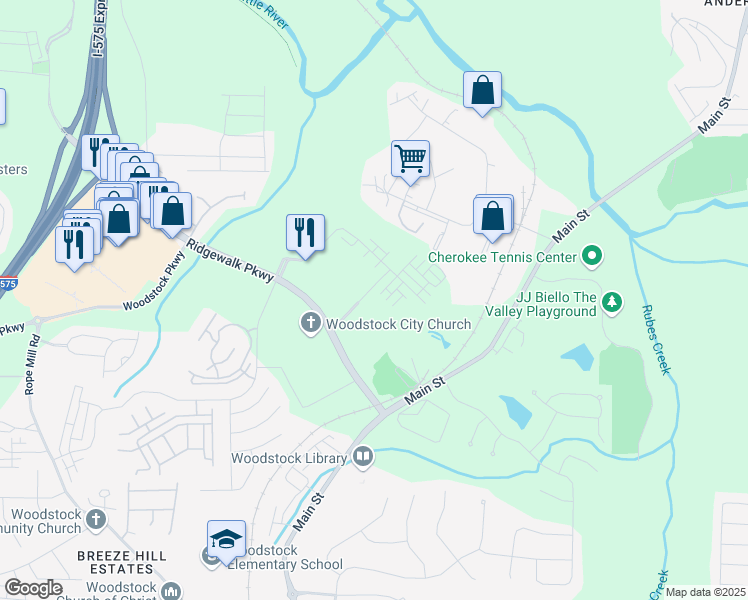 map of restaurants, bars, coffee shops, grocery stores, and more near 100 Altamaha Trail in Woodstock