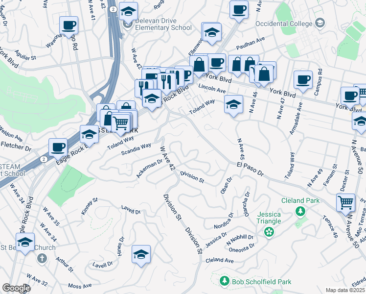 map of restaurants, bars, coffee shops, grocery stores, and more near 3594 Verdugo Vista Terrace in Los Angeles
