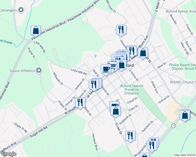 map of restaurants, bars, coffee shops, grocery stores, and more near 289 West Shadburn Avenue in Buford