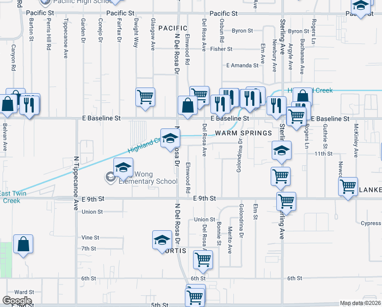 map of restaurants, bars, coffee shops, grocery stores, and more near 7441 Elmwood Road in San Bernardino