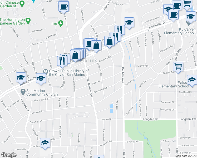 map of restaurants, bars, coffee shops, grocery stores, and more near 2285 Adair Street in San Marino