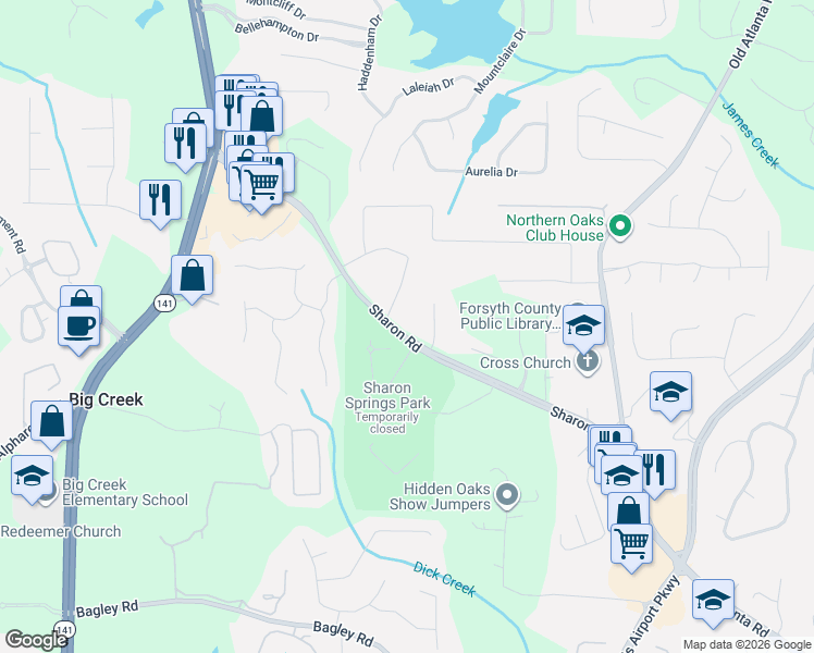 map of restaurants, bars, coffee shops, grocery stores, and more near 1929 Sharon Road in Cumming