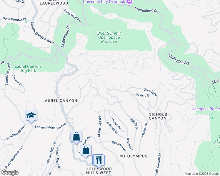 map of restaurants, bars, coffee shops, grocery stores, and more near 7651 Willow Glen Road in Los Angeles