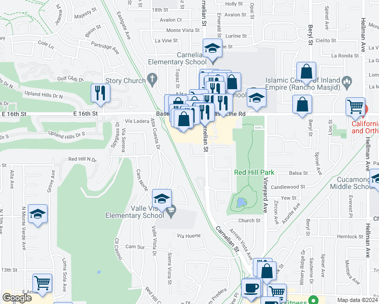 map of restaurants, bars, coffee shops, grocery stores, and more near 7454 Napa Court in Rancho Cucamonga