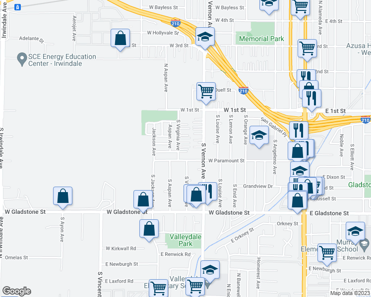 map of restaurants, bars, coffee shops, grocery stores, and more near 228 South Virginia Avenue in Azusa