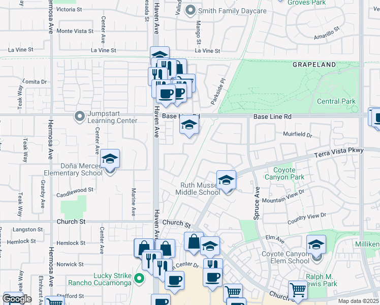 map of restaurants, bars, coffee shops, grocery stores, and more near 10632 Sunburst Drive in Rancho Cucamonga