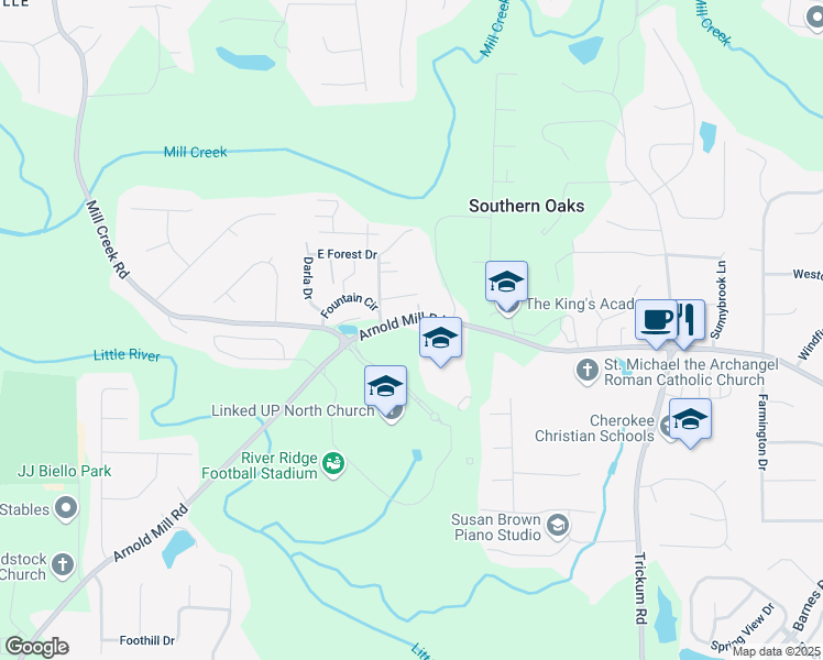 map of restaurants, bars, coffee shops, grocery stores, and more near 803 Saye Road in Woodstock