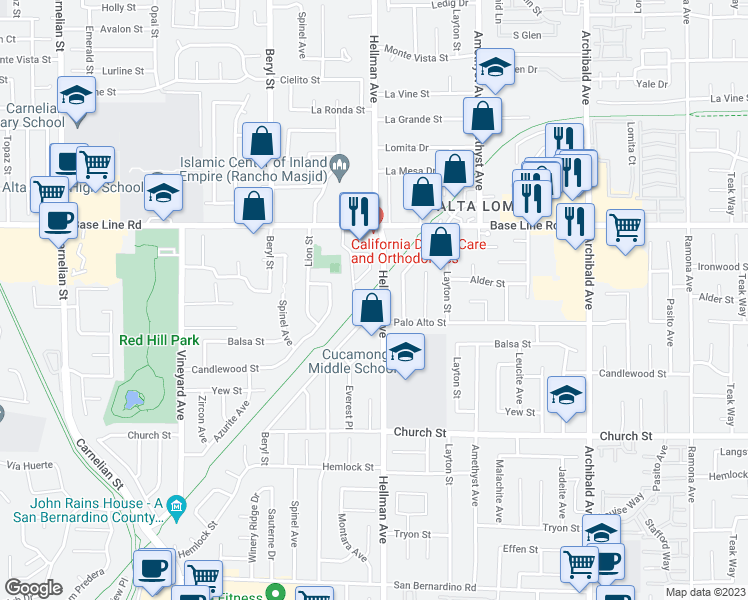map of restaurants, bars, coffee shops, grocery stores, and more near 7480 Hellman Avenue in Rancho Cucamonga