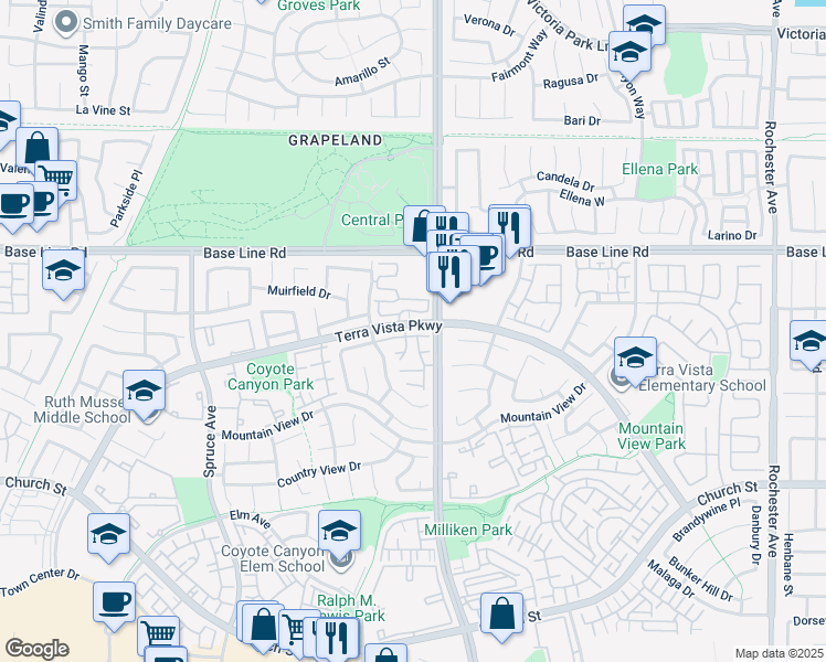 map of restaurants, bars, coffee shops, grocery stores, and more near 11285 Terra Vista Parkway in Rancho Cucamonga
