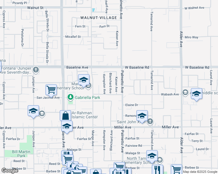 map of restaurants, bars, coffee shops, grocery stores, and more near 7440 Blanchard Avenue in Fontana