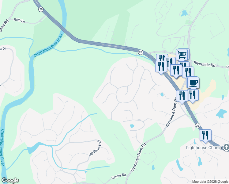 map of restaurants, bars, coffee shops, grocery stores, and more near 6312 Mountain Ridge Circle in Sugar Hill