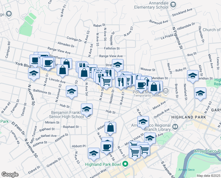 map of restaurants, bars, coffee shops, grocery stores, and more near 5628 York Boulevard in Los Angeles