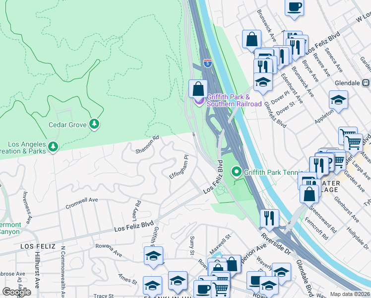 map of restaurants, bars, coffee shops, grocery stores, and more near 3647 Shannon Road in Los Angeles