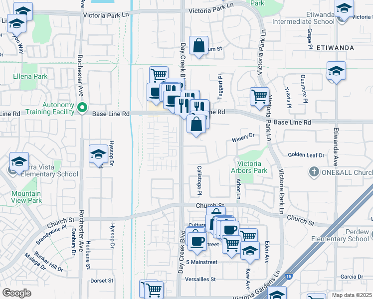 map of restaurants, bars, coffee shops, grocery stores, and more near 12326 Meritage Court in Rancho Cucamonga