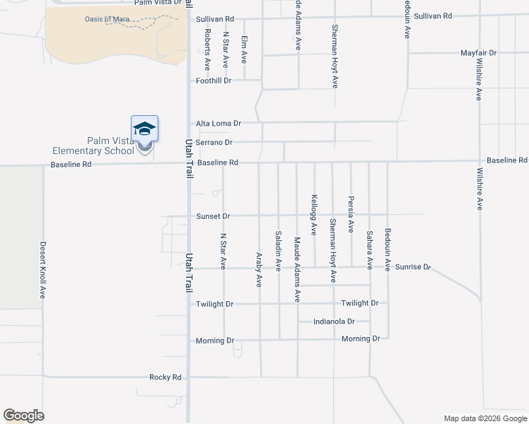 map of restaurants, bars, coffee shops, grocery stores, and more near 74706 Sunset Drive in Twentynine Palms