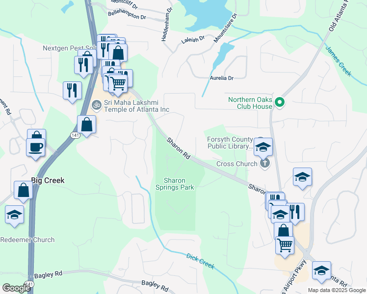 map of restaurants, bars, coffee shops, grocery stores, and more near 1929 Sharon Road in Cumming