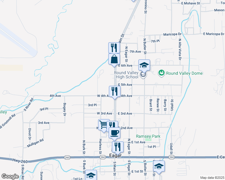 map of restaurants, bars, coffee shops, grocery stores, and more near 401-499 North Main Street in Eagar