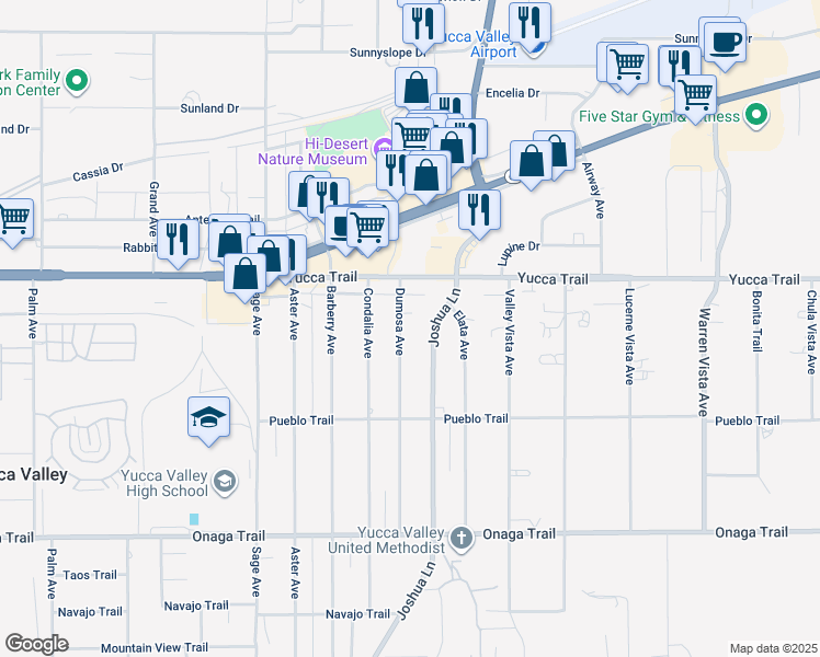 map of restaurants, bars, coffee shops, grocery stores, and more near 7372 Joshua Lane in Yucca Valley