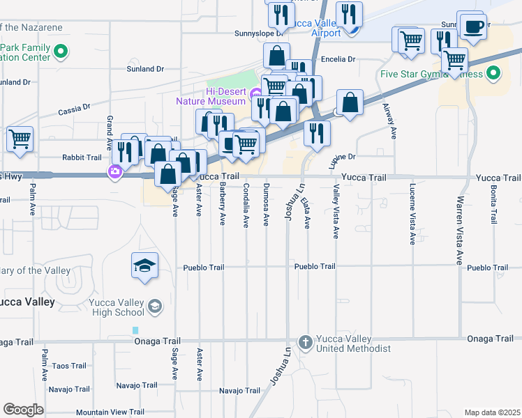 map of restaurants, bars, coffee shops, grocery stores, and more near 7393 Condalia Avenue in Yucca Valley