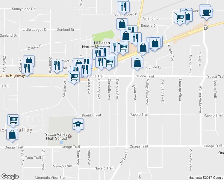 map of restaurants, bars, coffee shops, grocery stores, and more near 7393 Condalia Avenue in Yucca Valley