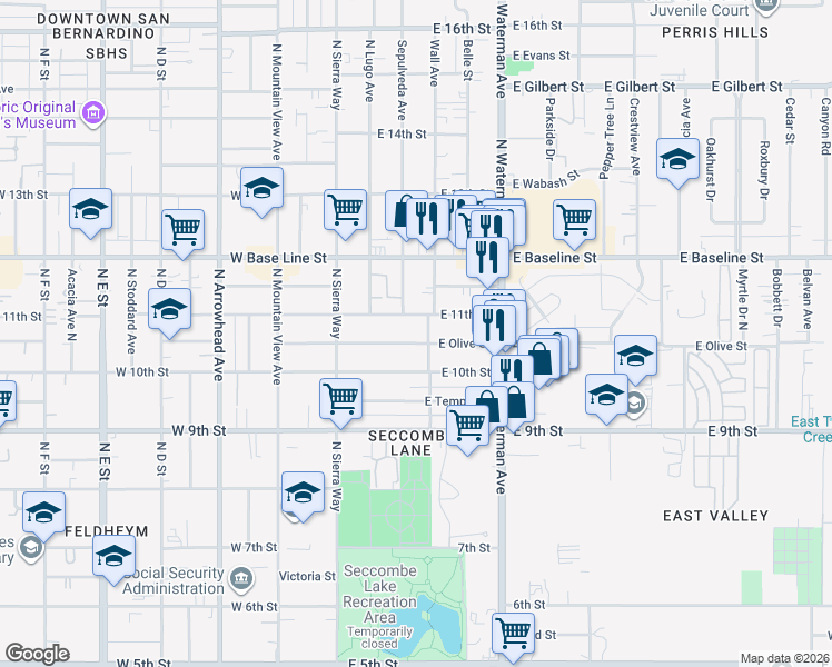 map of restaurants, bars, coffee shops, grocery stores, and more near 216 East Olive Street in San Bernardino
