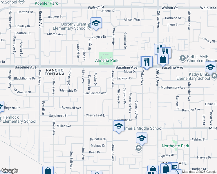 map of restaurants, bars, coffee shops, grocery stores, and more near 7442 Almeria Avenue in Fontana